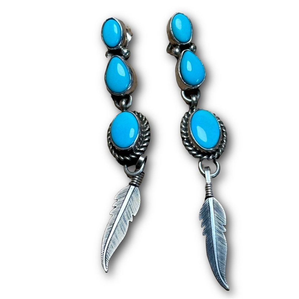 Sterling Silver Turquoise Feather Drop Earrings